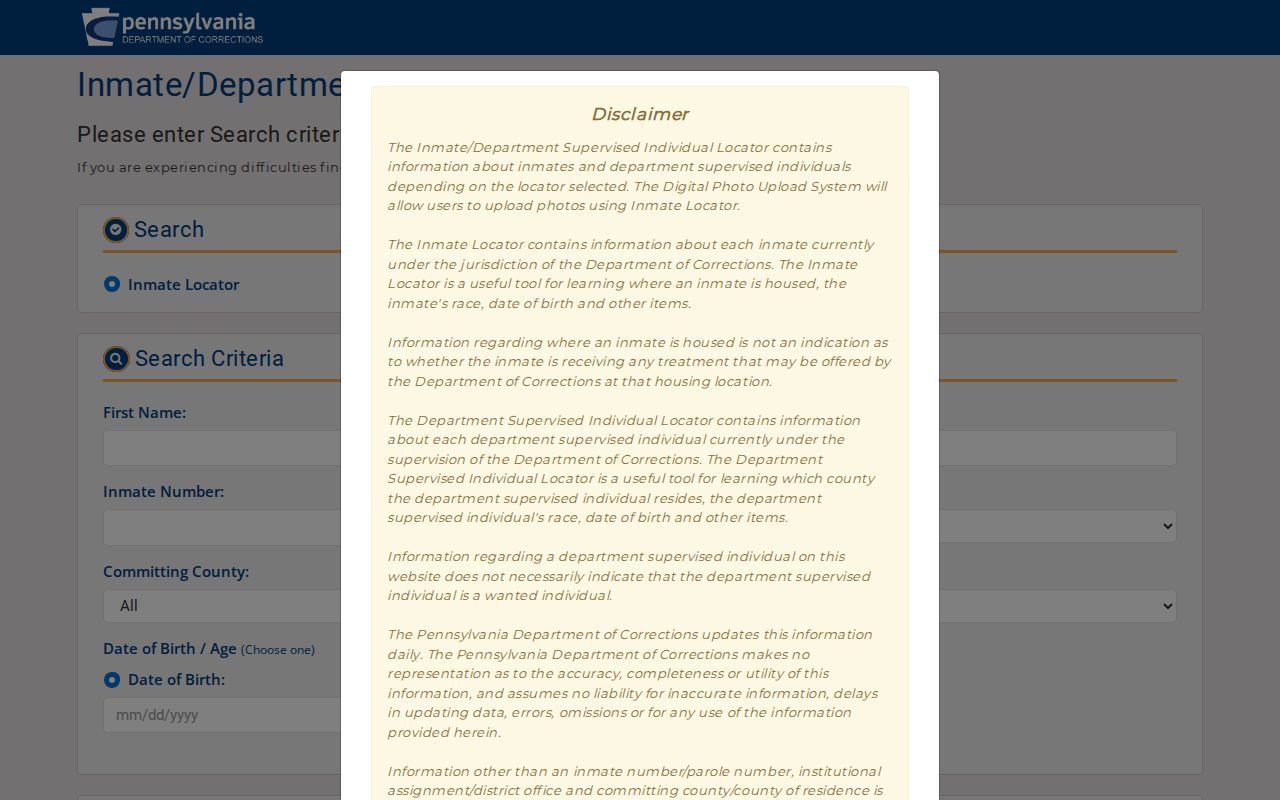 Lower Providence Township residents directory Pennsylvania Department of Corrections locator criteria
